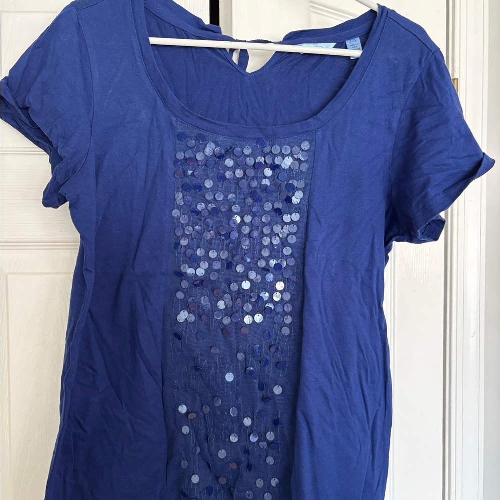 Izod Blue Sequin Women's Short Sleeve Top, size L